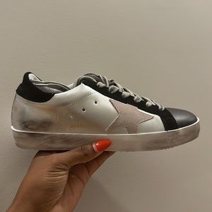 Golden Goose Silver Black White Sneaker with Beige Star Accent